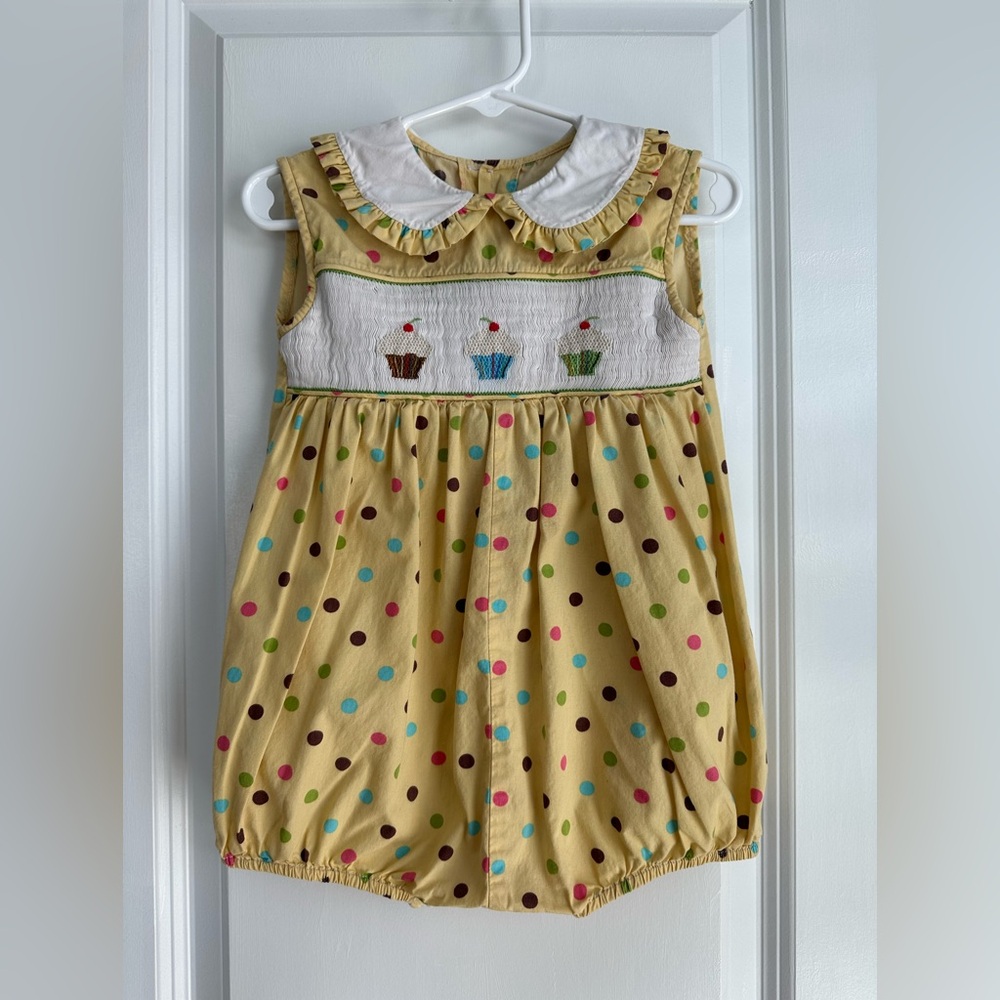 Mom & Me Girls Yellow Polka Dot Peter Pan Collar Cupcake Smocked Romper 18 Mo